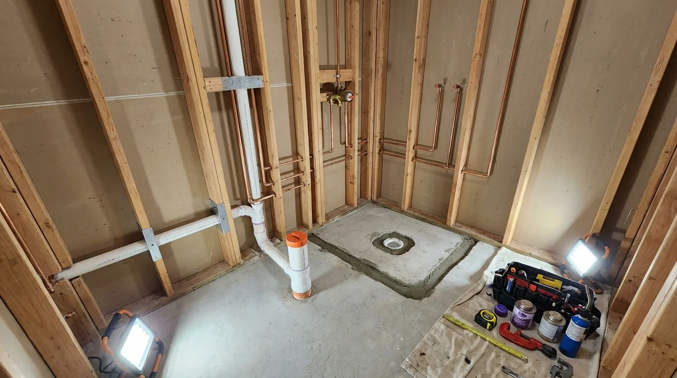 Bathroom rough-in plumbing during remodel by Johns Plumbing LLC in Cedarville
