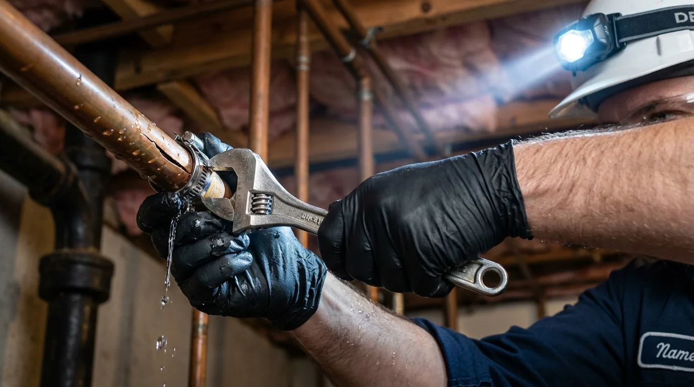 Emergency pipe clamp repair being performed by a Johns Plumbing LLC plumber in Cedarville