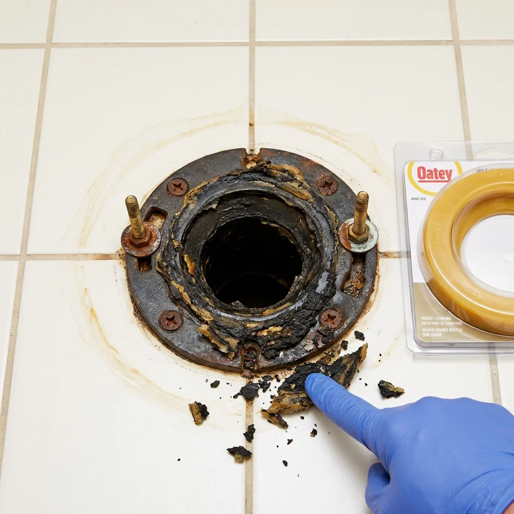 Failed wax ring showing water seepage at the base of a toilet in a Cedarville, OH home