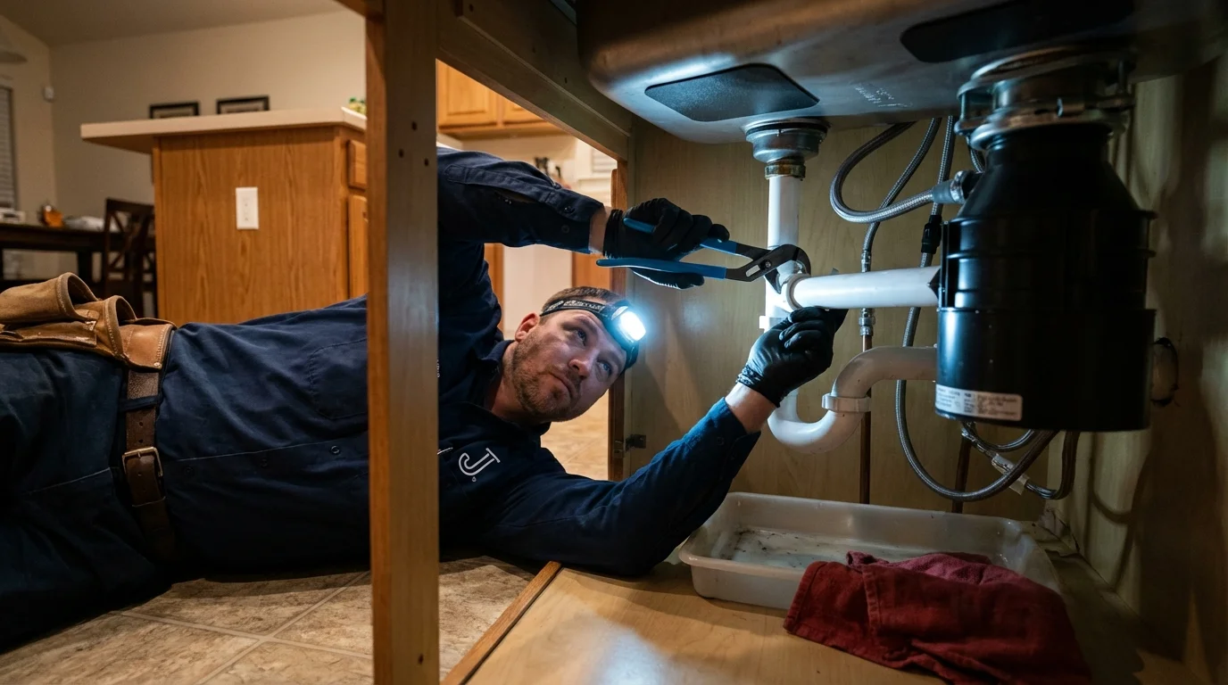 P-trap and supply line connections under a kitchen sink showing a common leak point in Cedarville, OH